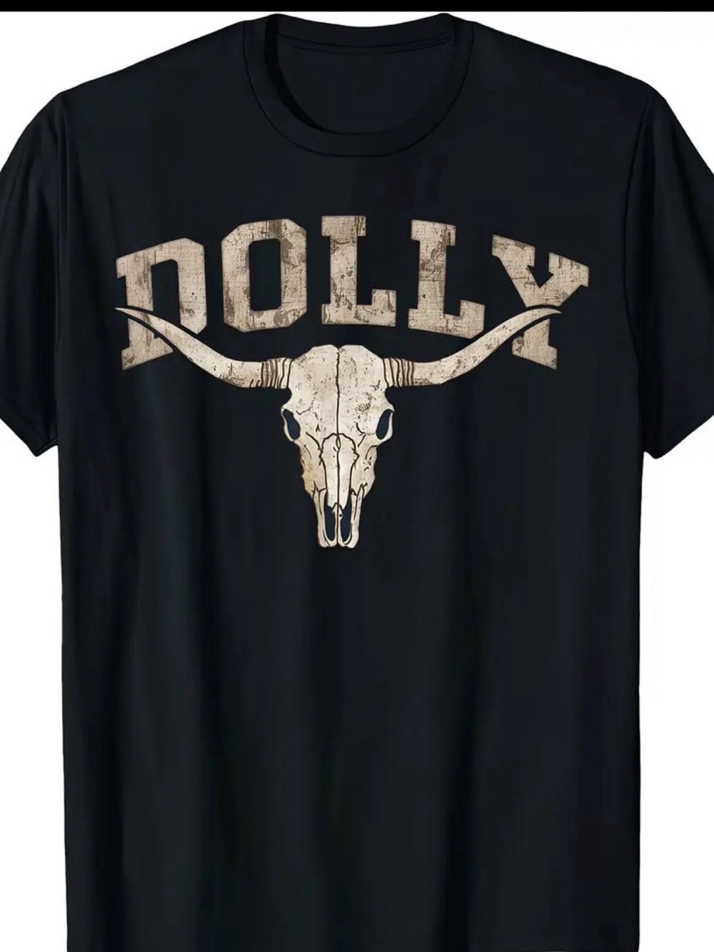 Black Short Sleeve Tee with Distressed Dolly Logo and Skull Graphic